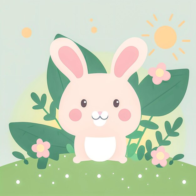 Мультфильм кролика с зелеными листьями и цветами