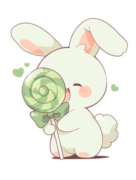 Photo cartoon bunny with lollipop in its mouth and a green lollipop in its mouth generative ai