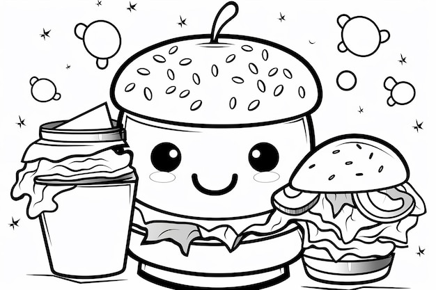 A cartoon burger and burgers with a face.