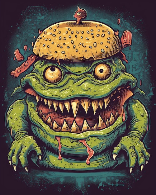 A cartoon of a burger with a green monster head with a toothpick on it.