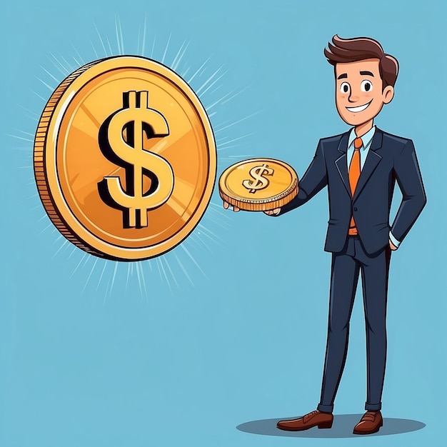 Cartoon Business design a man is holding a dollar coin