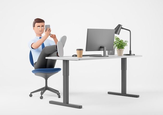 Cartoon business man with legs on table using smartphone on the
workplace with big monitor over white background