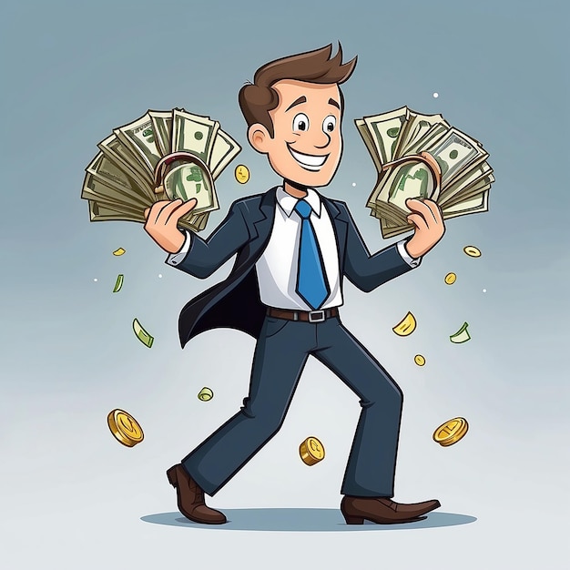 cartoon Businessman carrying the gold dollars and money