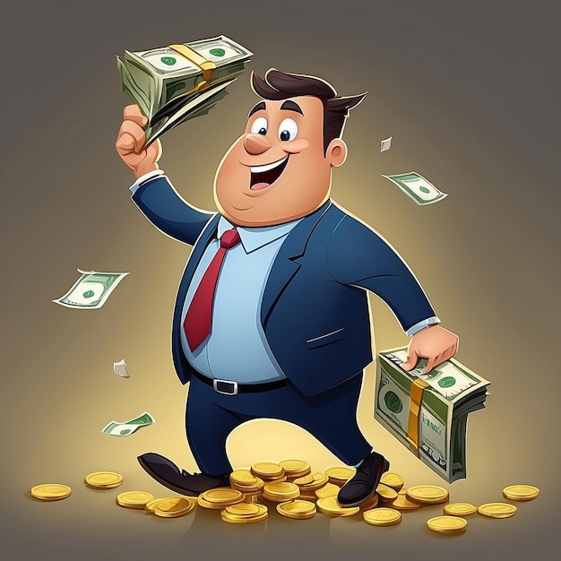 cartoon Businessman carrying the gold dollars and money
