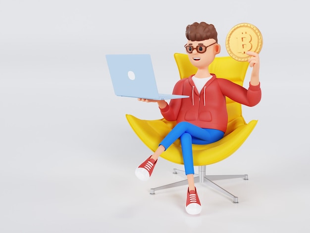 Photo cartoon businessman character is sitting in a chair with a laptop and hand holding a bitcoin coin 3d illustration
