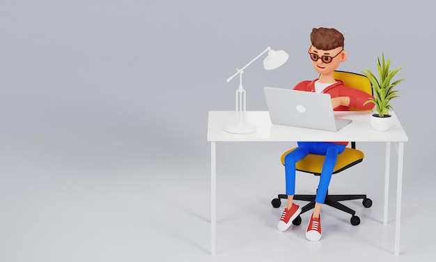 만화 사업가 프리랜서는 노트북 작업 공간 개념 3d 그림의 현대적인 사무실에 있는 테이블에서 일합니다.