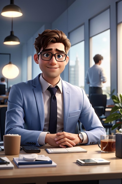 Cartoon businessman freelancer works at a table in a modern office on a laptop workplace concept 3d illustration