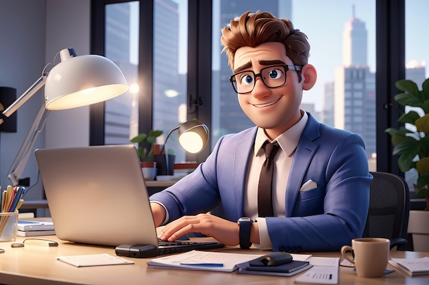 Cartoon businessman freelancer works at a table in a modern office on a laptop workplace concept 3d illustration