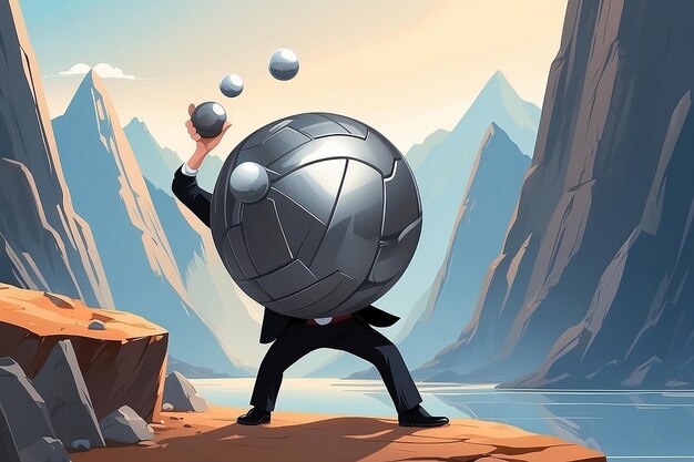 cartoon businessman push steel ball on moutain in work hard concept