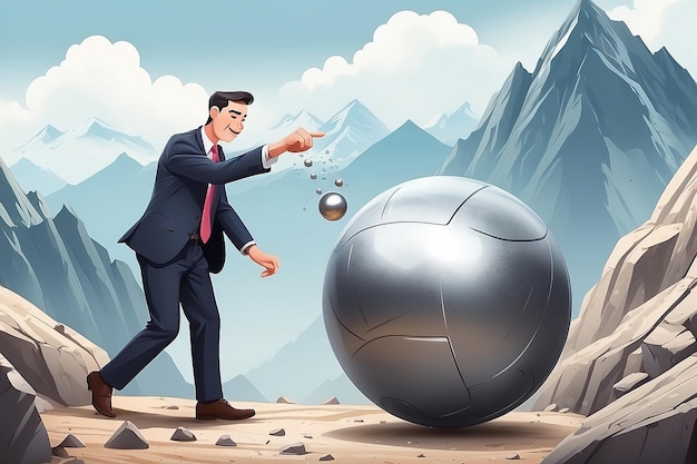 cartoon businessman push steel ball on moutain in work hard concept