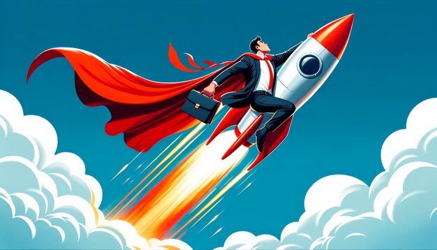 Cartoon businessman riding rocket soaring high generative ai