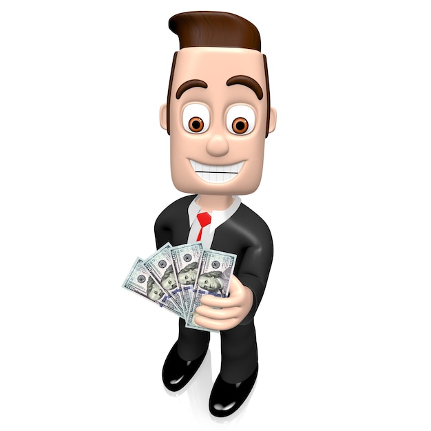 cartoon businessman on white background holding money 3d illustration