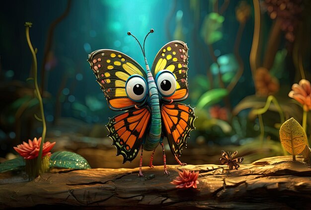 Photo a cartoon butterfly standing on the ground near plants in the style of texturebased