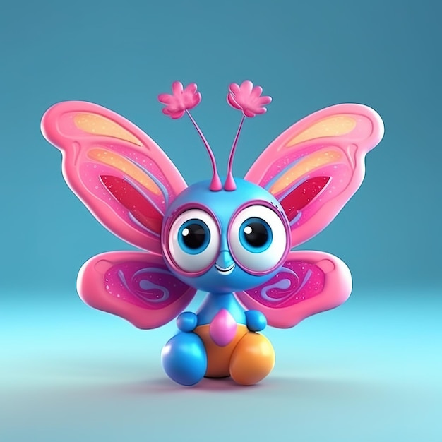 A cartoon butterfly with a blue and pink butterfly on its back.