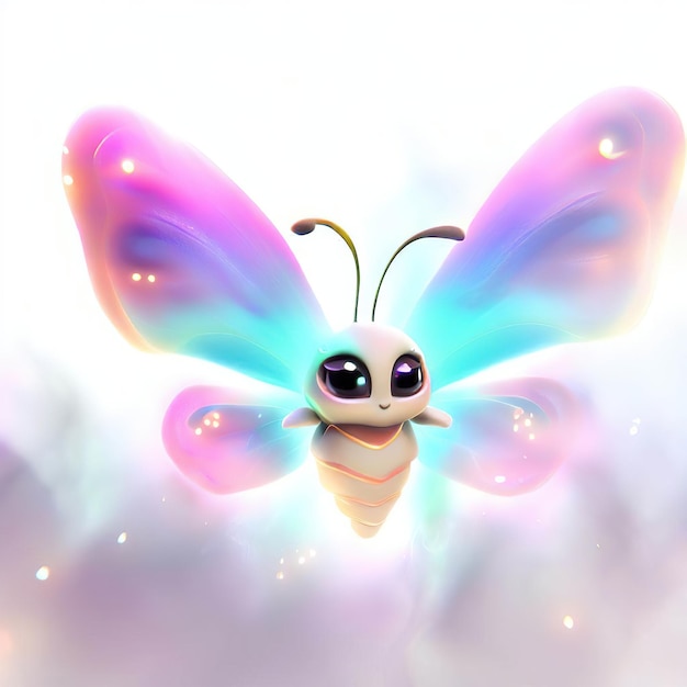Мультяшная бабочка с розовыми и голубыми крыльями и белым фоном.