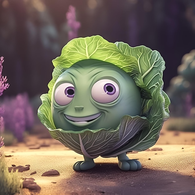 A cartoon cabbage with a purple background.