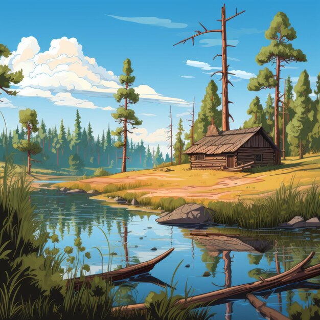Cartoon Cabin Retreat A Sublime Wilderness Overlooking A Serene Pond