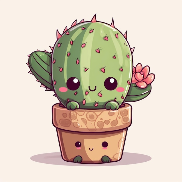 Cartoon cactus met een bloem in een pot generatieve ai