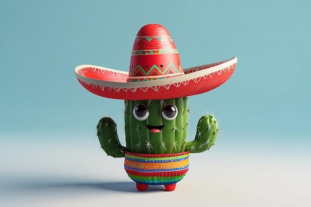 Foto cartoon cactus personage met een mexicaanse sombrero hoed generatieve ai