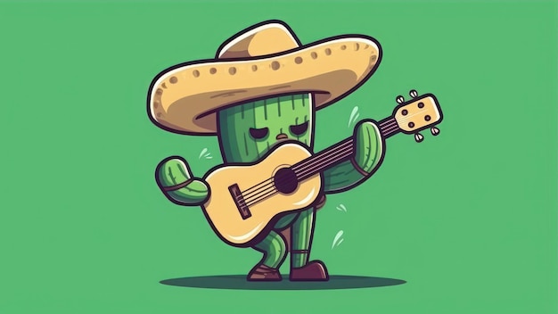 A cartoon of a cactus playing a guitar