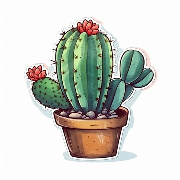 a cartoon cactus in a pot with flowers on a white background generative ai