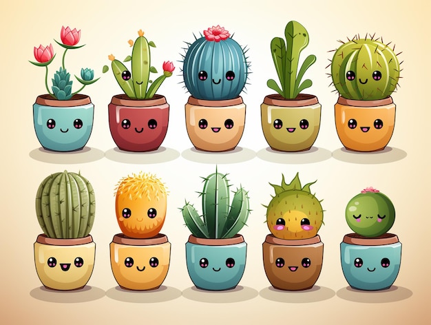 cartoon cactus in pots with different faces and eyes generative ai