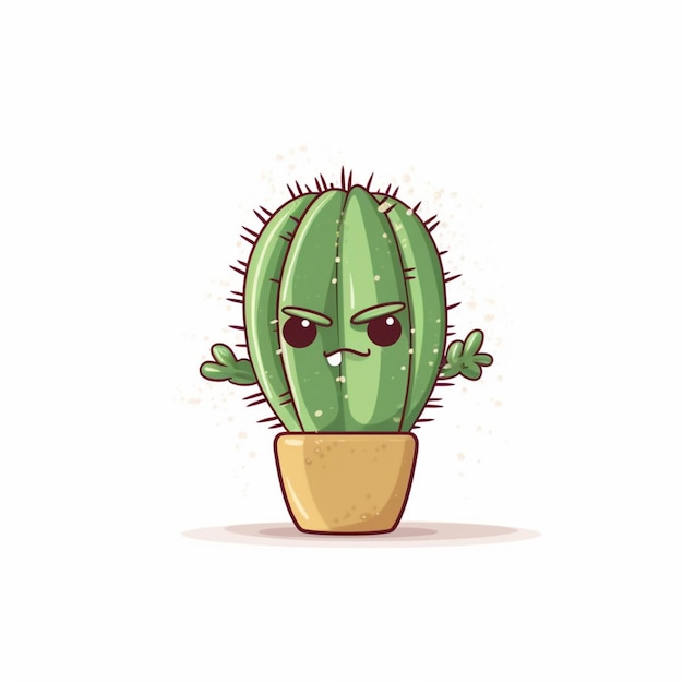 Foto un cactus cartone animato con una faccia accigliata e una pianta in vaso che genera ai