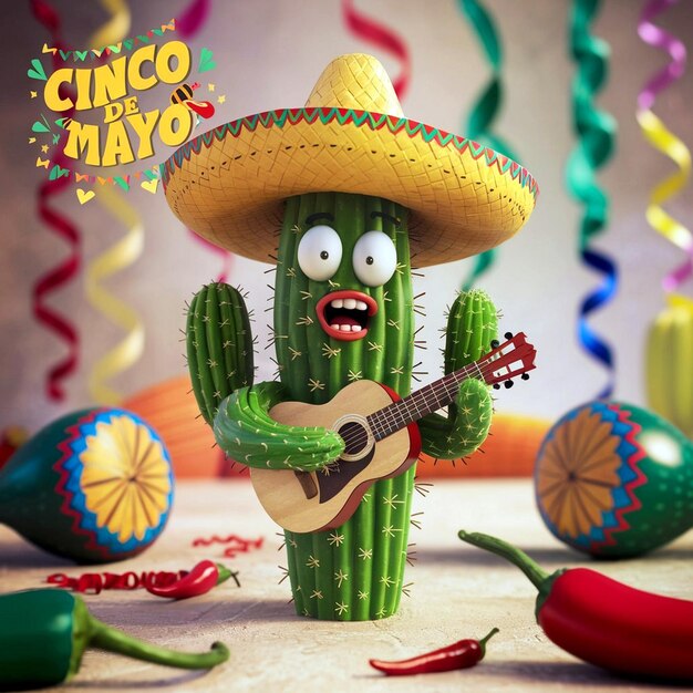 Photo a cartoon of a cactus with a guitar and sombrero