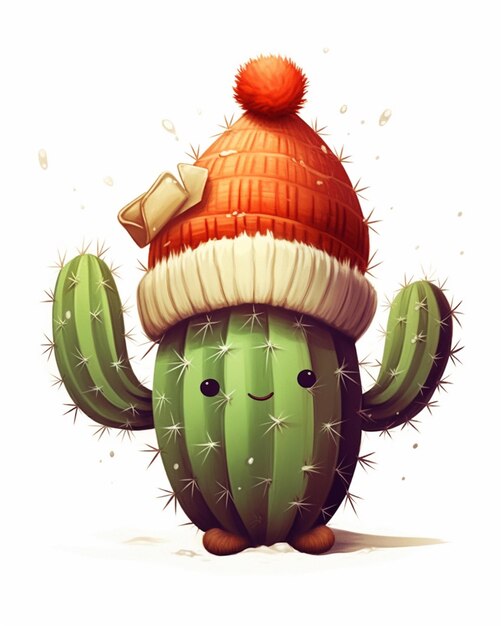 Photo cartoon cactus with a hat on its head generative ai