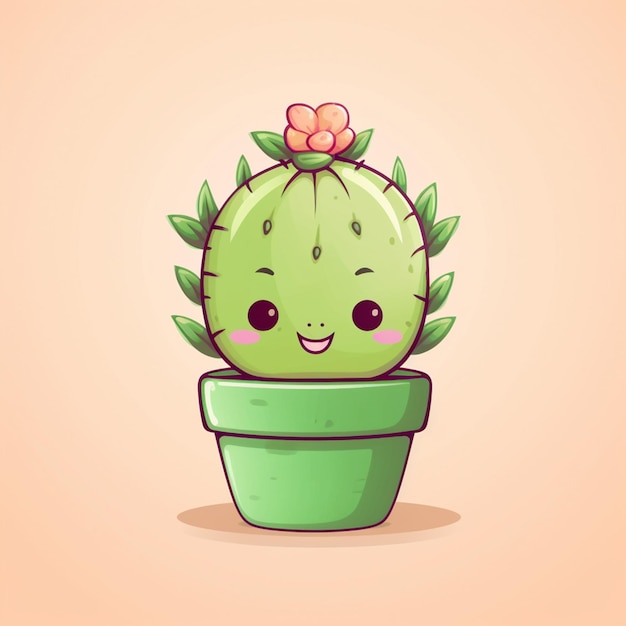 A cartoon cactus with a pink flower on it