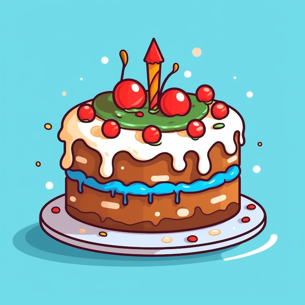 cartoon cake with cherries and candles on a plate generative ai