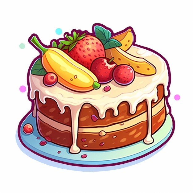 cartoon cake with fruit and icing on a plate generative ai