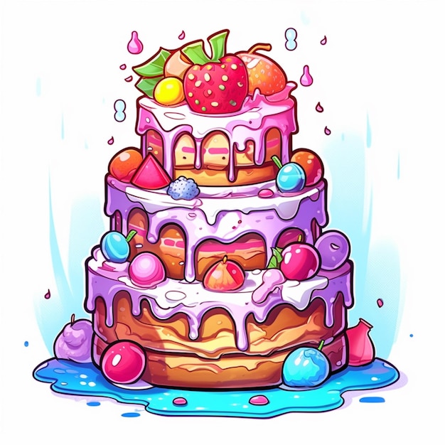 cartoon cake with fruit and icing on top of it generative ai