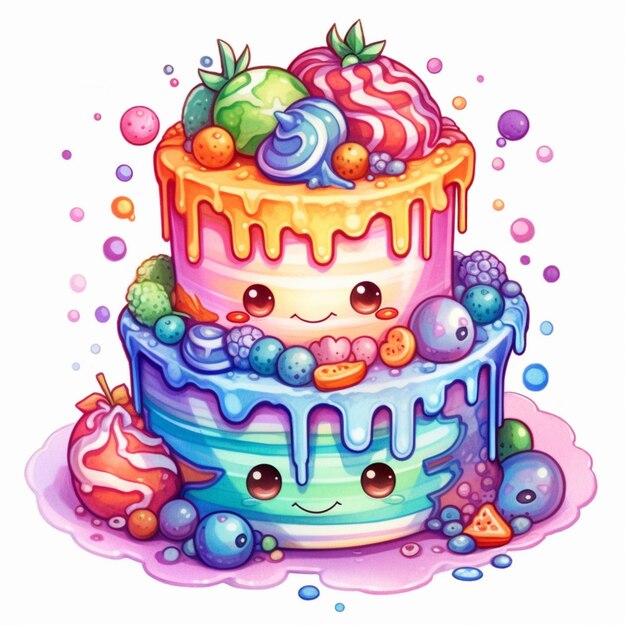 Cartoon cake with lots of different toppings and toppings generative ai