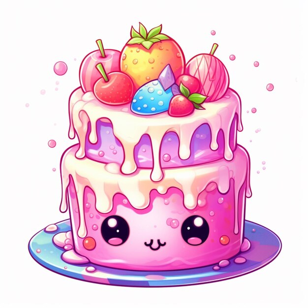 cartoon cake with strawberrys and strawberries on top of it generative ai