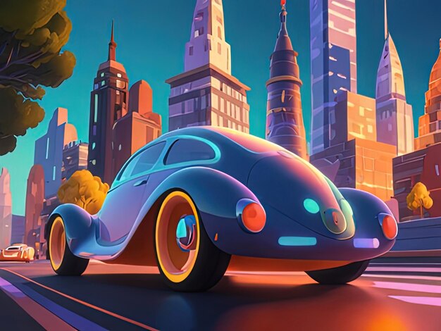 Photo cartoon car driving on a city street with tall buildings