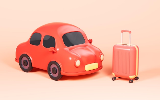 Cartoon car and luggage in the yellow background selfdriving tour concept 3d rendering