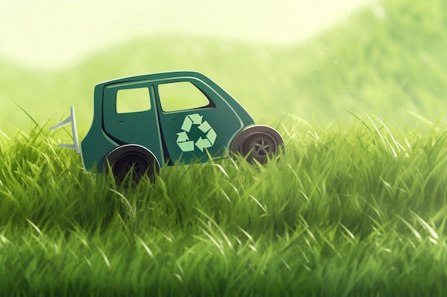 Photo cartoon car and recycle sign in grass