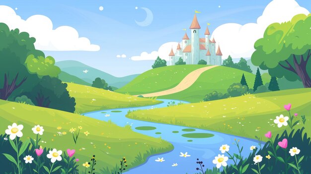 cartoon castle on the mountain with river illustration