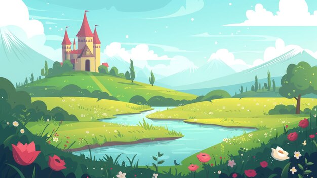 cartoon castle on the mountain with river illustration