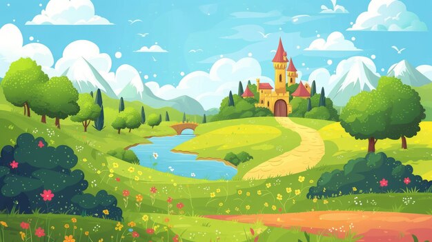 cartoon castle on the mountain with river illustration