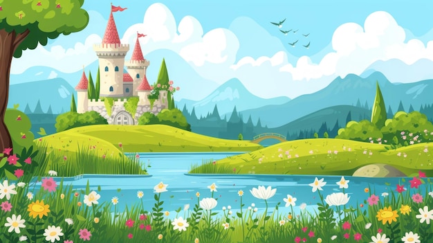 cartoon castle on the mountain with river illustration