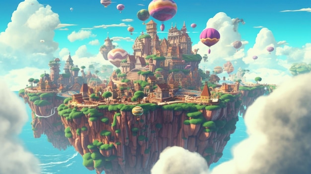 a cartoon of a castle with balloons floating above it.