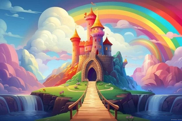 A cartoon castle with a rainbow in the sky generative ai