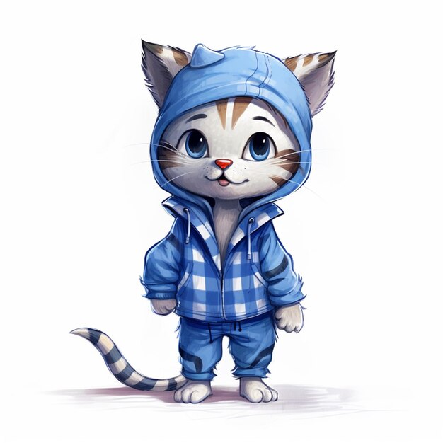 cartoon cat in blue jacket and pants standing with head turned generative ai