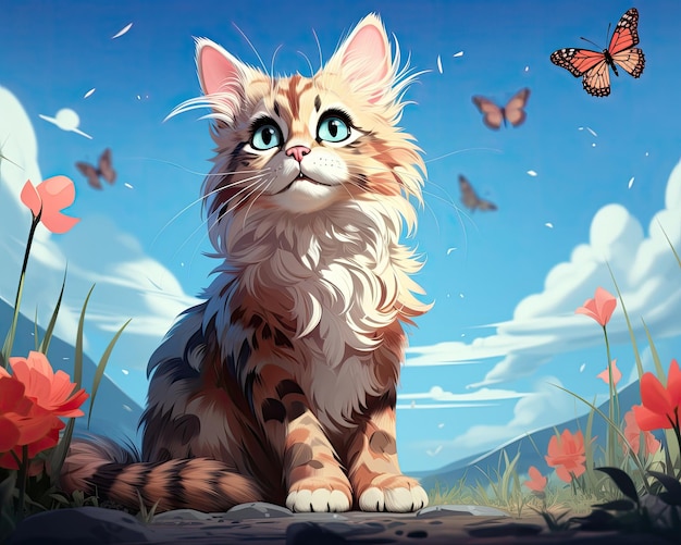 A cartoon cat and butterfly sit on blue backgrounds Generative AI