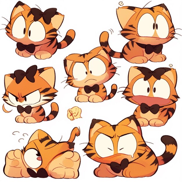 Photo cartoon cat character poses with different expressions generative ai