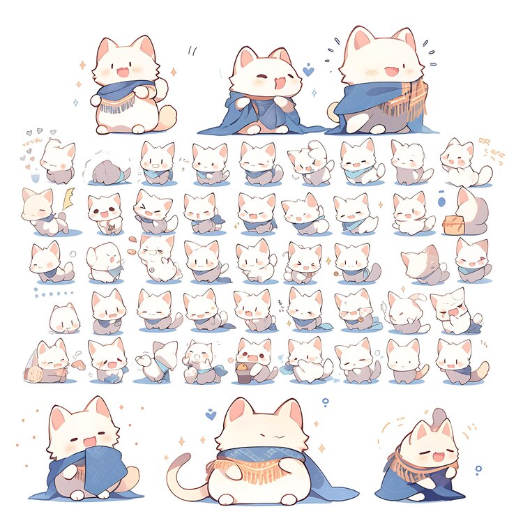 Photo 만화의 고양이 캐릭터가 다양한 포즈와 표정으로 포즈를 취합니다.