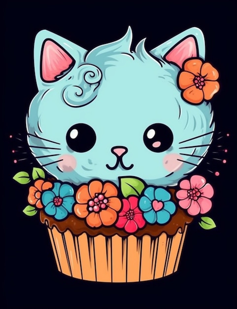 A cartoon of a cat in a cupcake