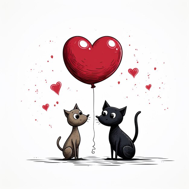 cartoon cat and dog with heart balloon and hearts on white background generative ai